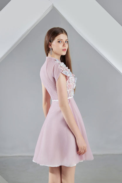 Macy A-line Short Sleeved Organza Mini Dress