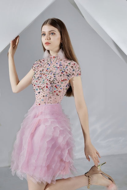 Jazmin Puffy Short Sleeved Organza Mini Dress