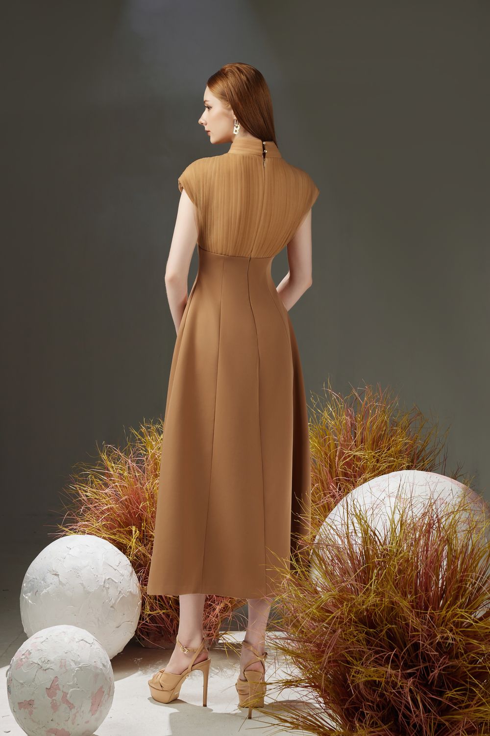 Butler A-line Pleated Chest Taffeta Silk Midi Dress