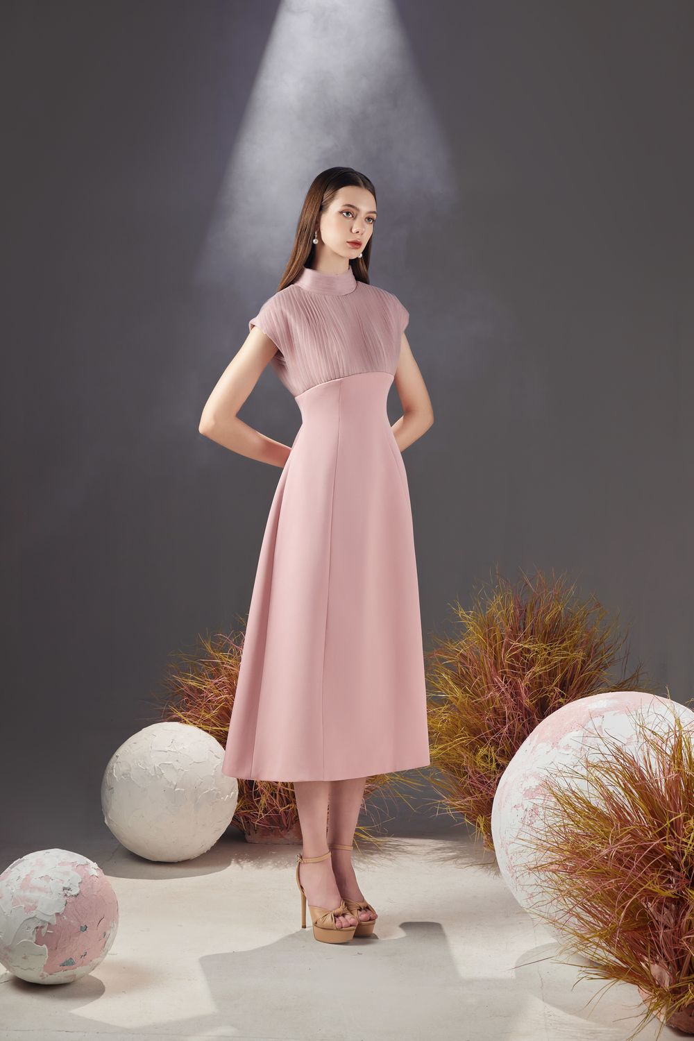 Butler A-line Pleated Chest Taffeta Silk Midi Dress