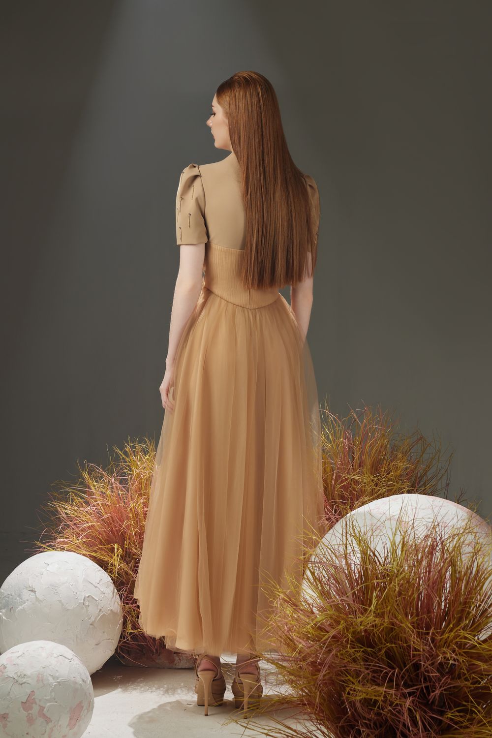 Cosmo Gathered V-Neck Mesh Taffeta Ankle Length Dress