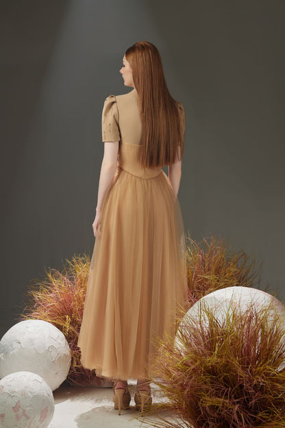 Cosmo Gathered V-Neck Mesh Taffeta Ankle Length Dress