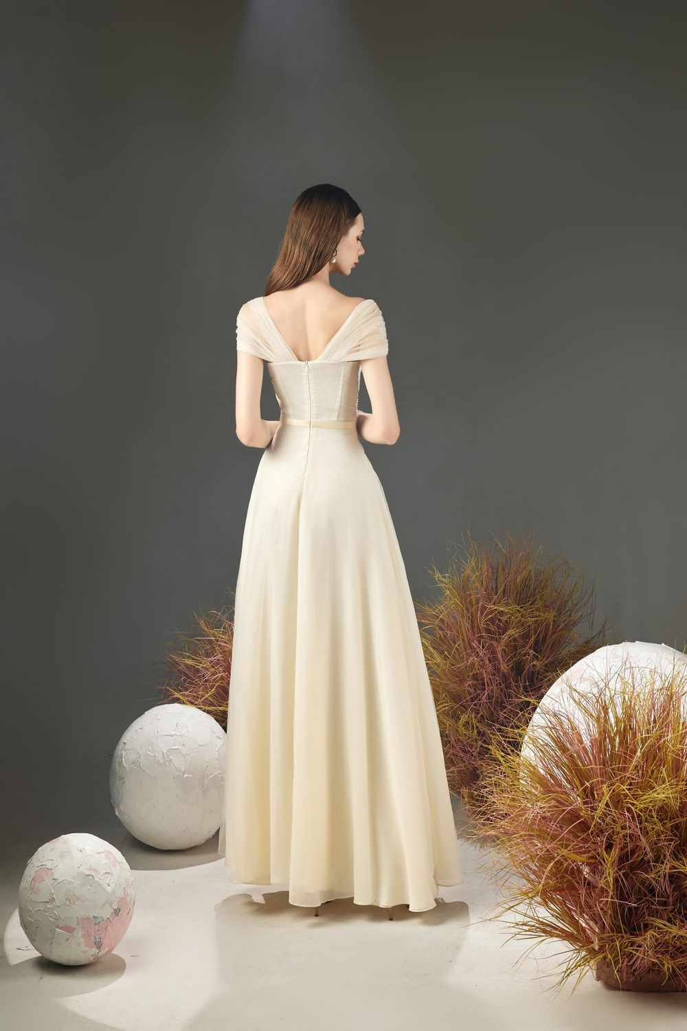 Farlay A-line Pleated Sleeved Organza Maxi Dress