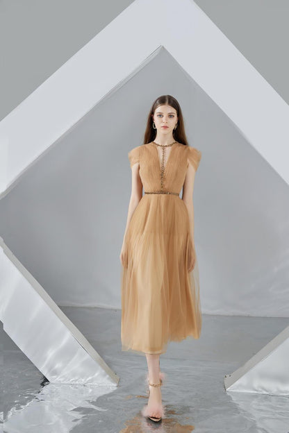 Florence A-line Puffy Sleeved Organza Midi Dress
