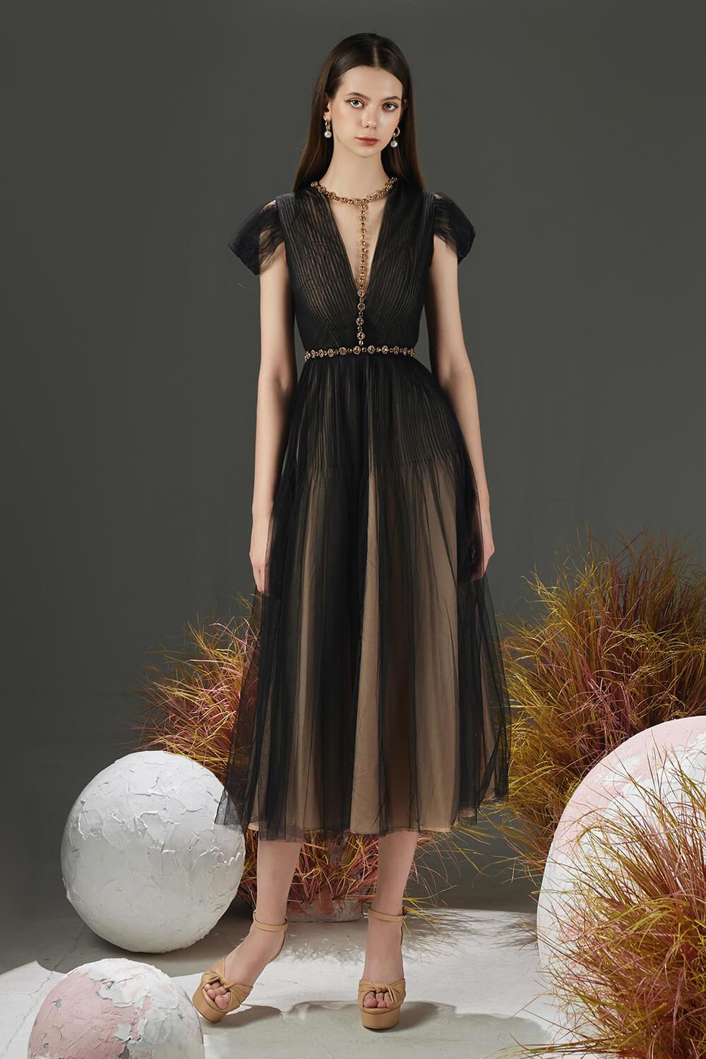 Florence A-line Cold Shoulder Sleeved Organza Midi Dress - 
