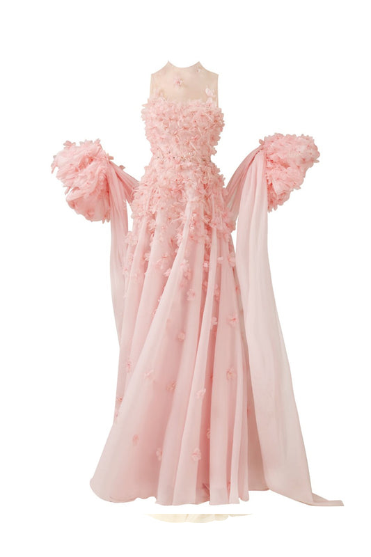 Novak Ball Gown Flower Applique Silk Organza Floor Length Dress