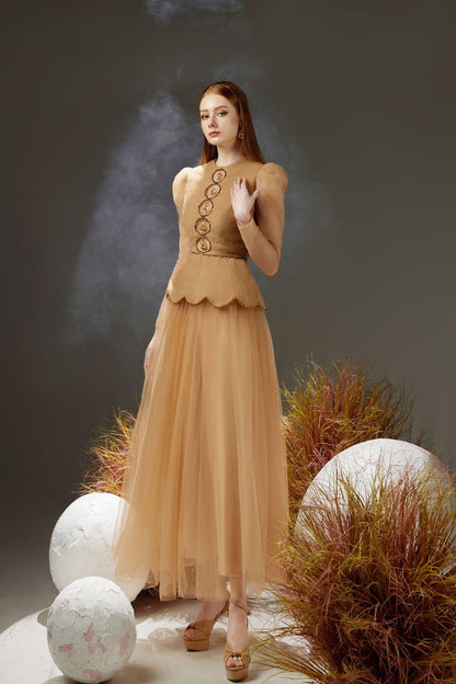 Josie Peplum Leg Of Mutton Sleeved Taffeta Maxi Dress