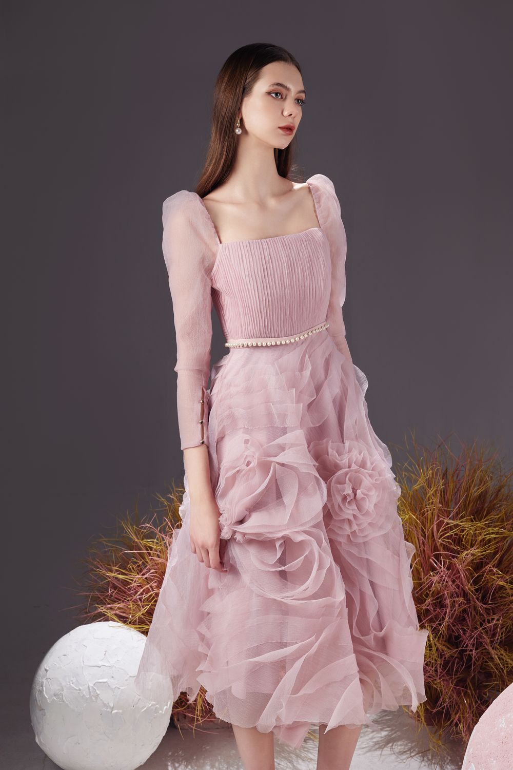 Sherman Fit and Flare Leg Of Mutton Sleeved Organza Knee-length Dress