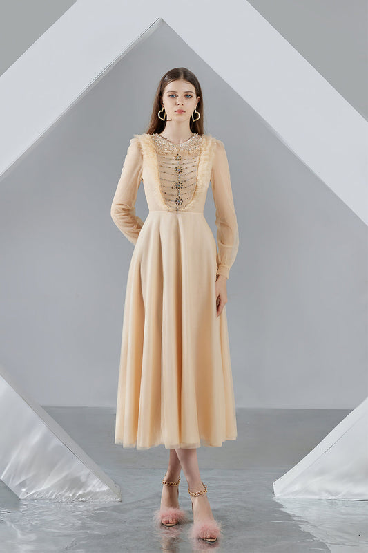 Della Pleated Long Sleeved Organza Midi Dress