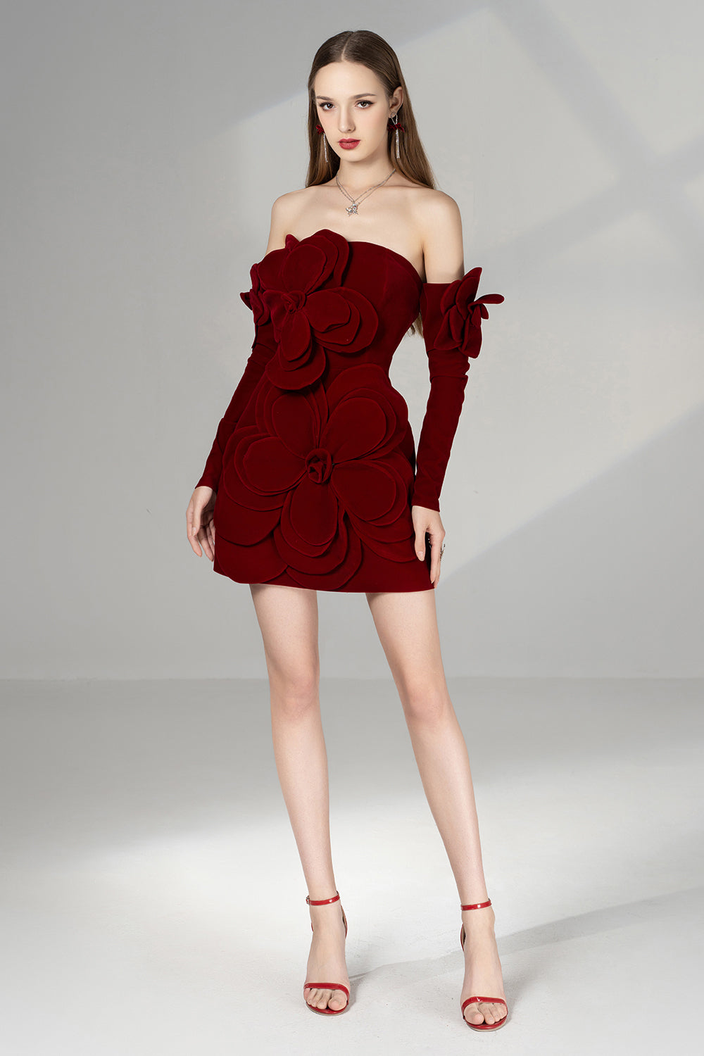 Amora A-line Cold Shoulder Sleeved Velvet Mini Dress