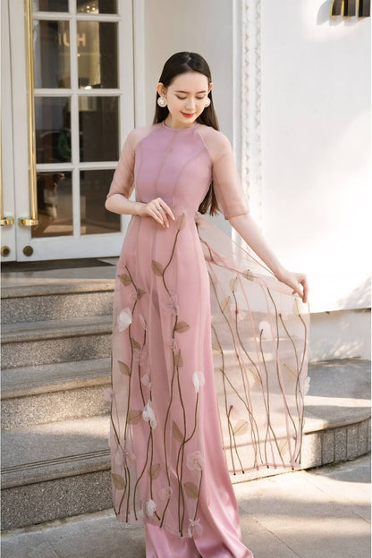 Arya Fitted Middle Sleeved Organza Long Length Ao Dai