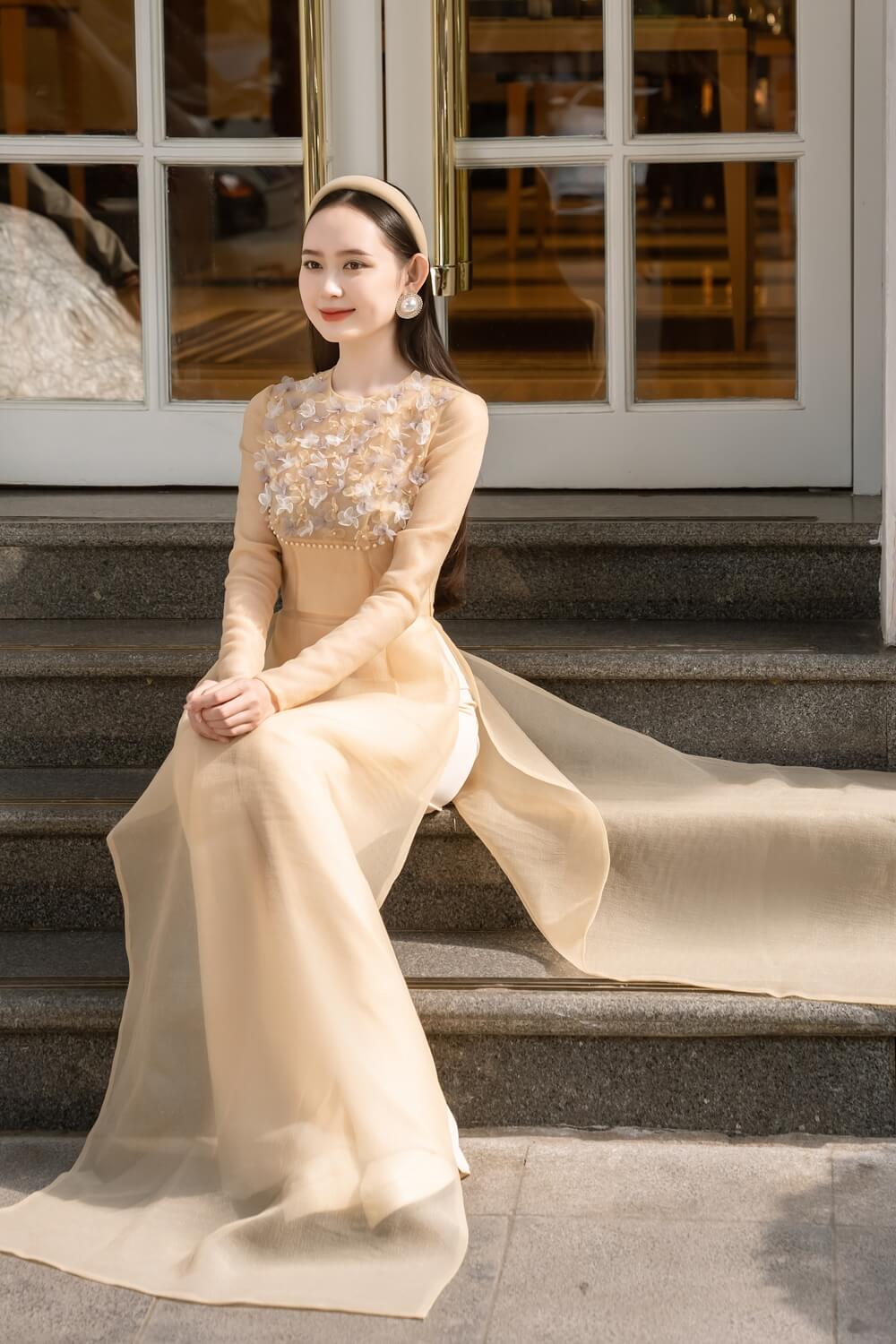 Isabelle Fitted Flower Applique Organza Long Length Ao Dai 