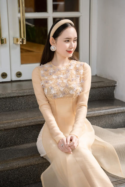 Isabelle Fitted Flower Applique Organza Long Length Ao Dai 
