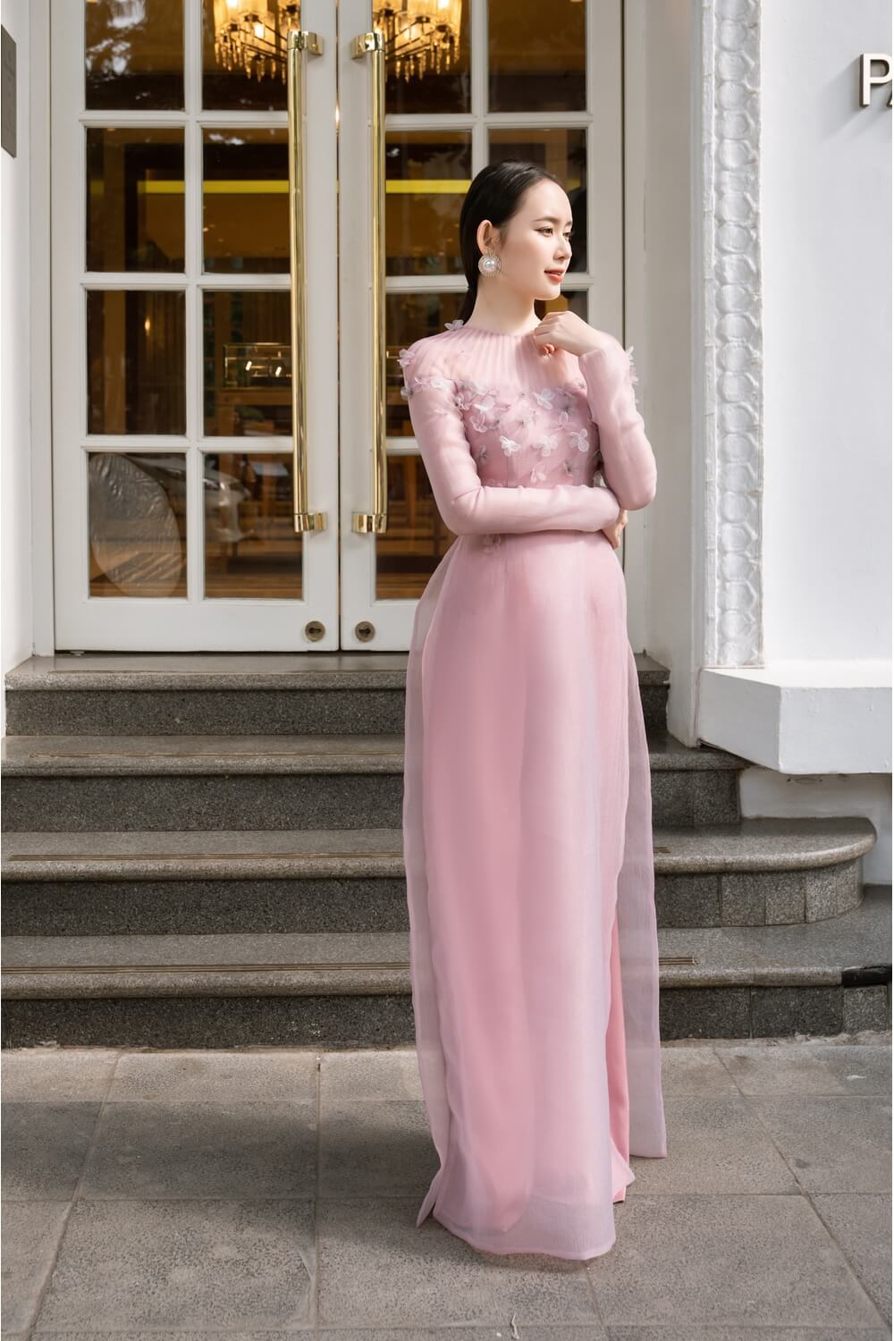 Mackenzie Fitted Flower Applique Organza Long Length Ao Dai