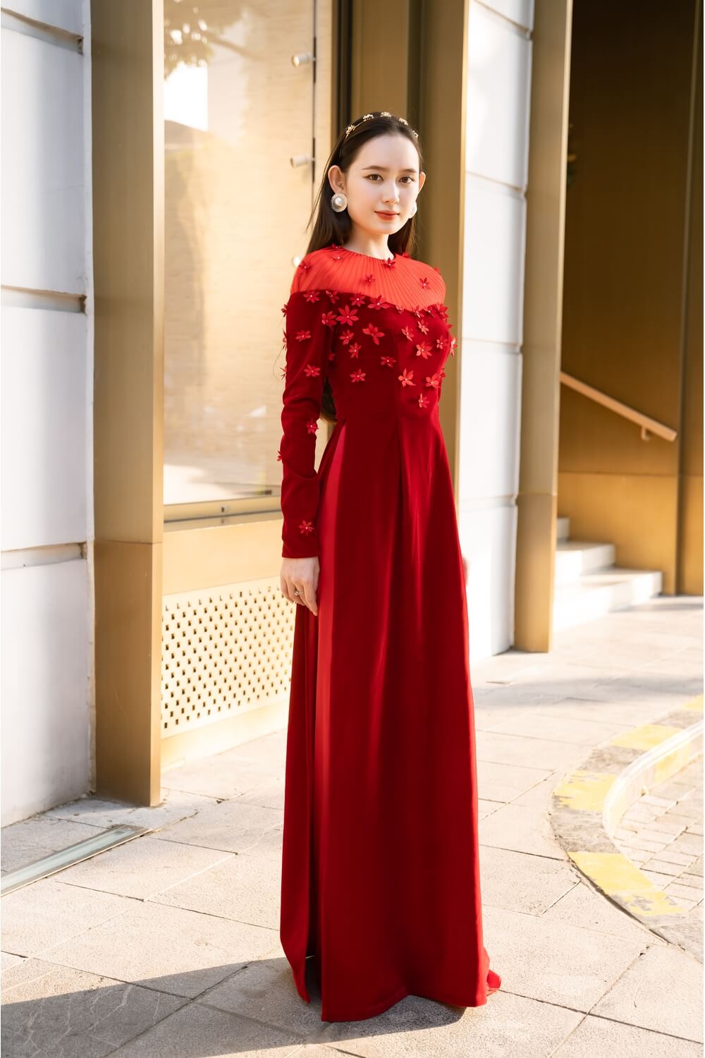 Remi Fitted Flower Applique Velvet Long Length Ao Dai