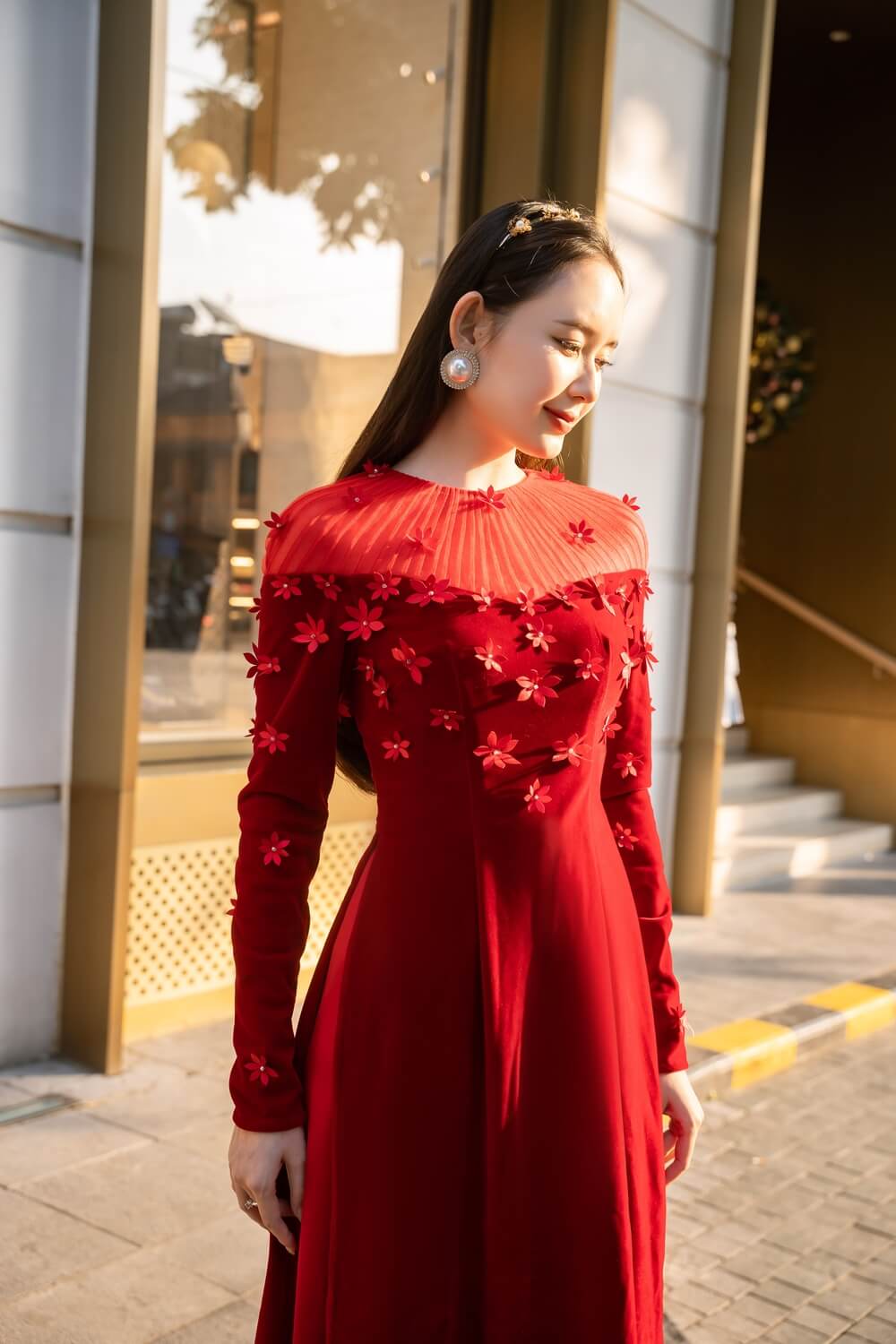 Remi Fitted Flower Applique Velvet Long Length Ao Dai 