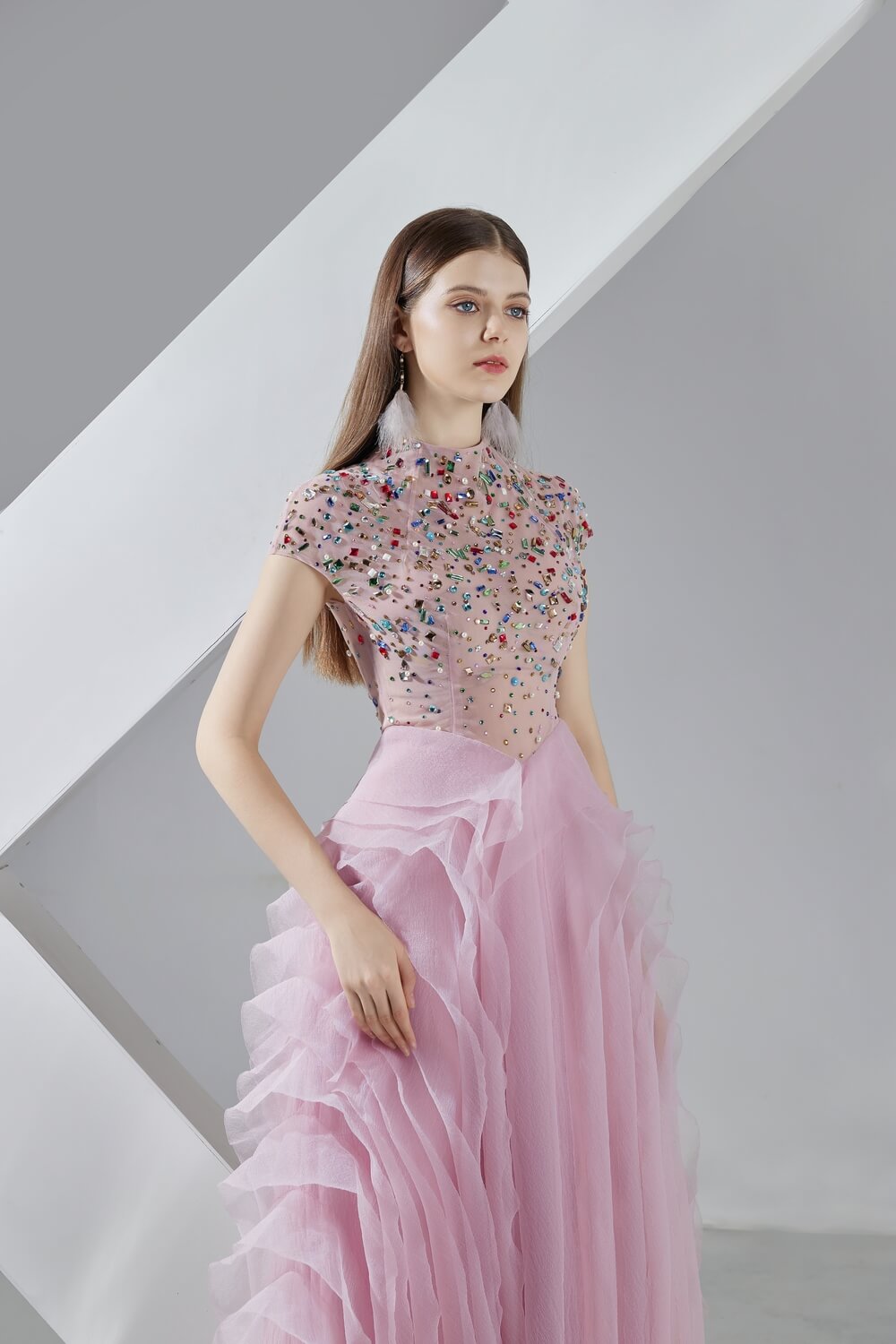 Priscilla Layered Short Sleeved Organza Ankle Length Dress