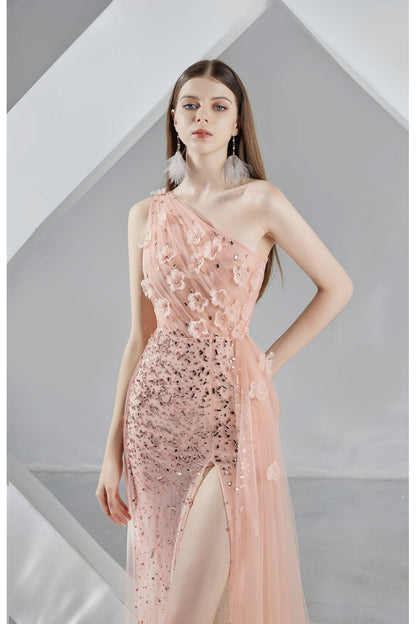 Chelsea Slit One Shoulder Organza Midi Dress