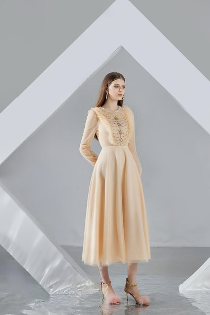 Della Pleated Long Sleeved Organza Midi Dress
