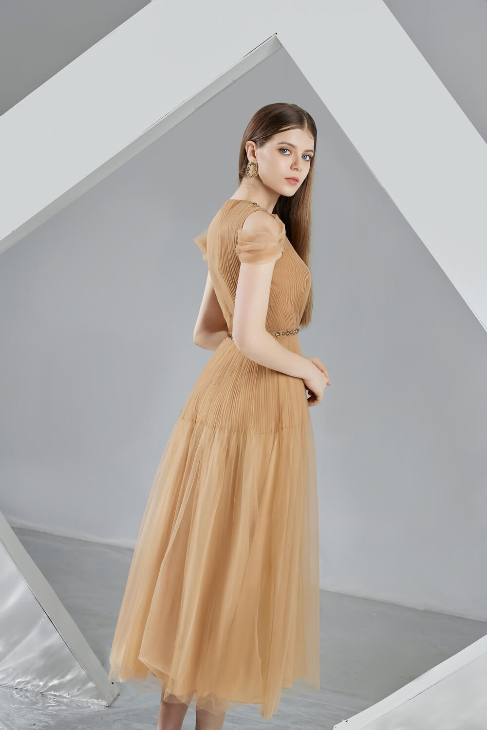 Florence Pleated Puffy Sleeved Organza Midi Dress