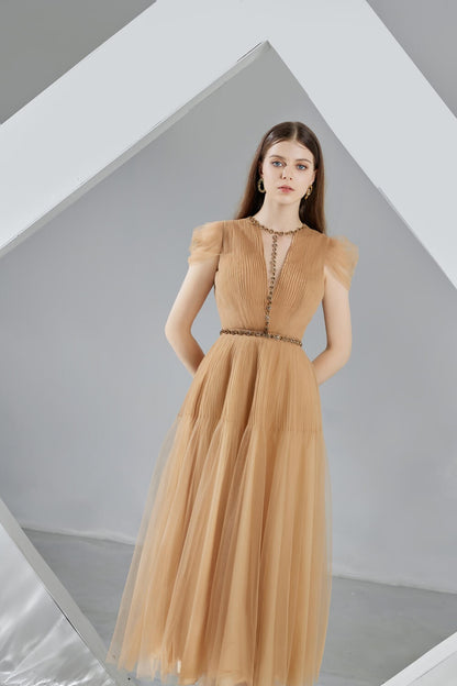 Florence Pleated Puffy Sleeved Organza Midi Dress
