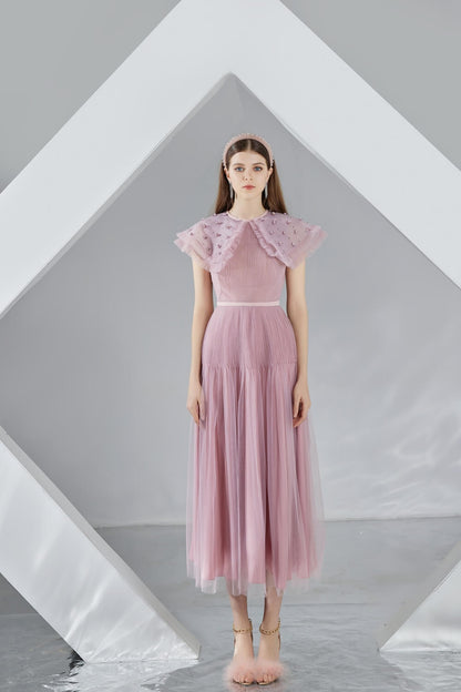 Jully Gathered Round Neck Organza Midi Dress