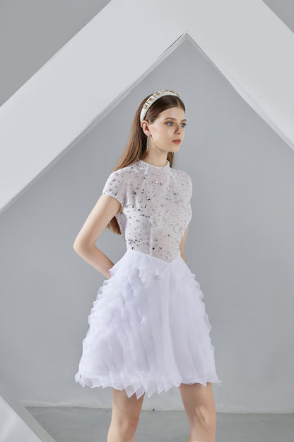organza material dress HAPPY CLOTHING HAYLEY GRAY ORGANZA FLARED MAXI DRESS