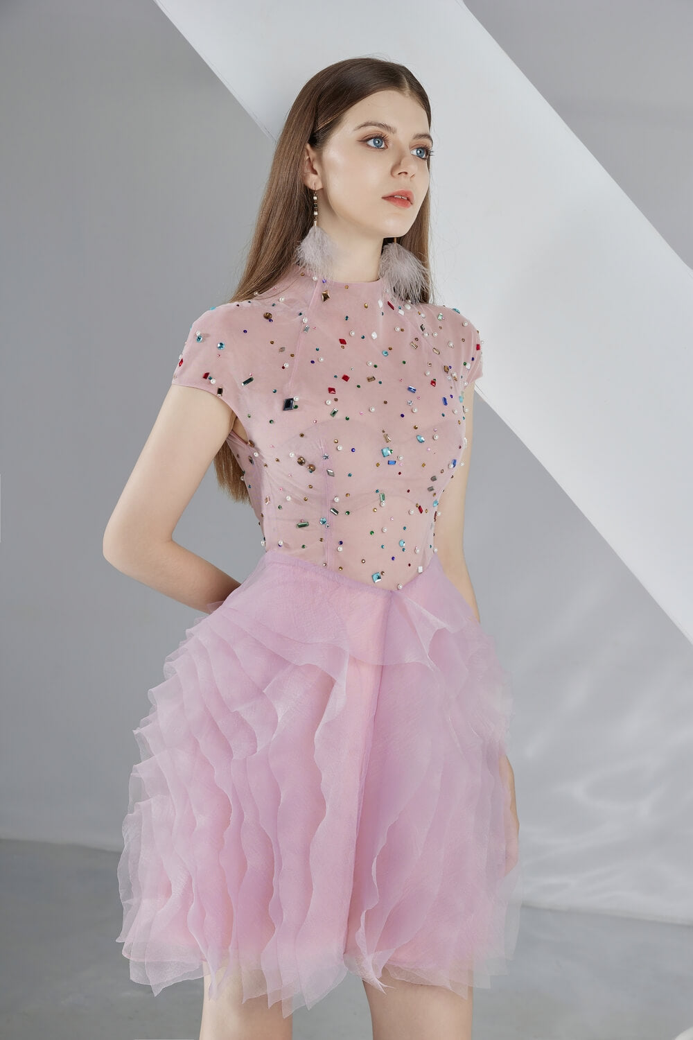 organza mini dress Emerie Layered Short Sleeved gc Atria Signature Colors:Burnt Olive and subtle volume that Vintage Style A-line Two-piece