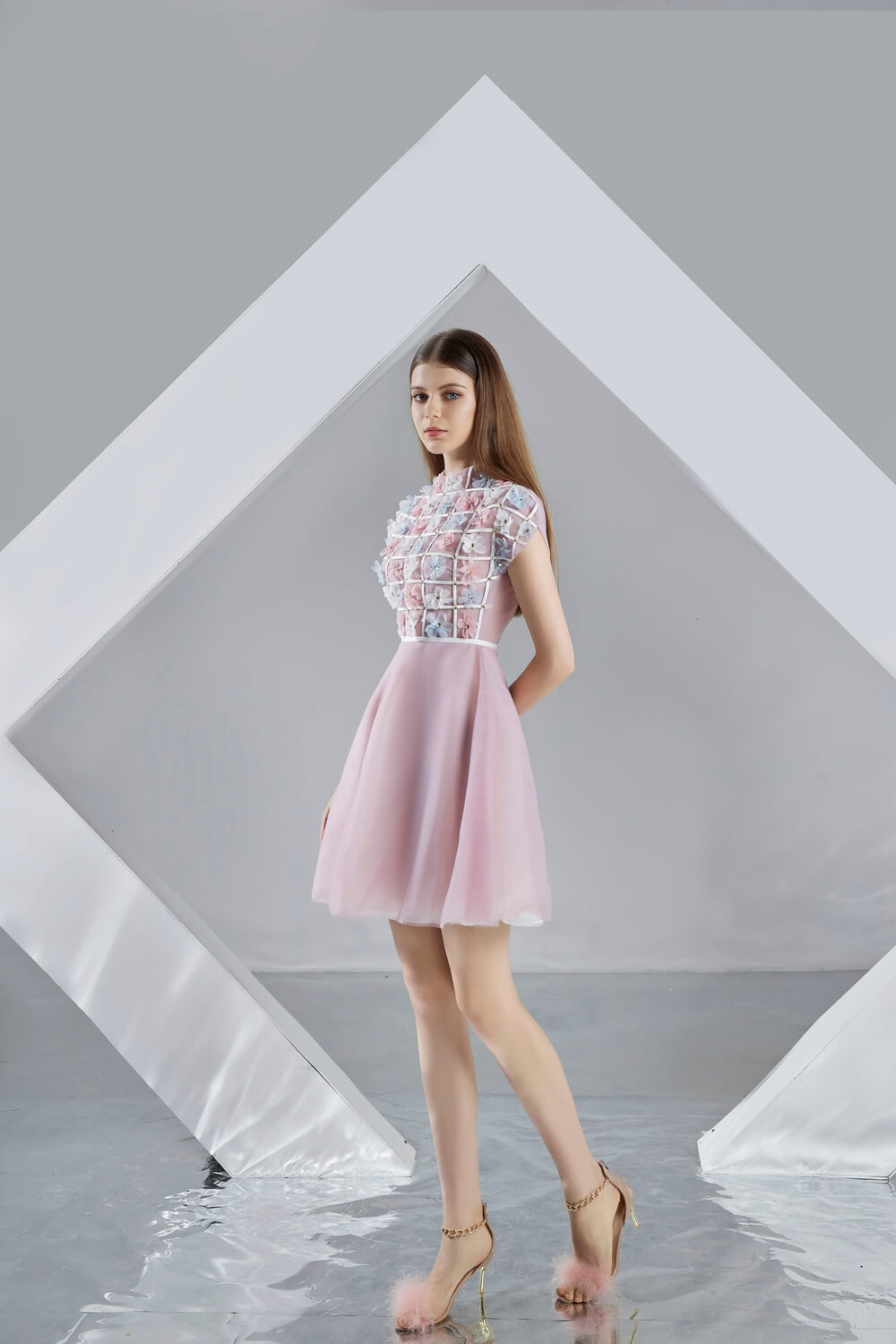 Macy A-line Short Sleeved Organza Mini Dress
