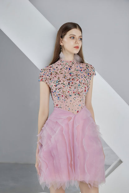 Women's Jazmin Puffy Short Sleeved Organza Mini Dress S/M/L/XL Pink – Happy Clothing