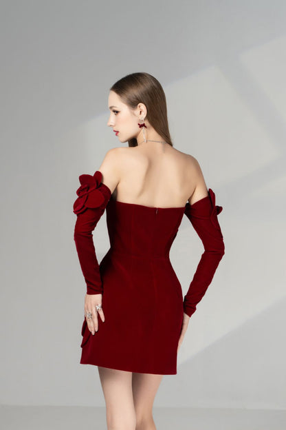 Amora A-line Cold Shoulder Sleeved Velvet Mini Dress
