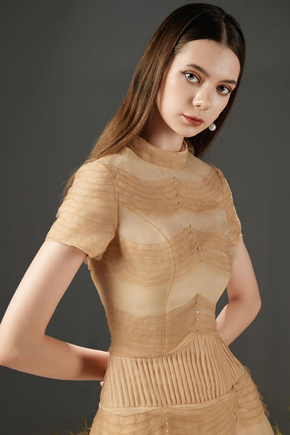 Davie A-line Waist Pleated Organza Midi Dress