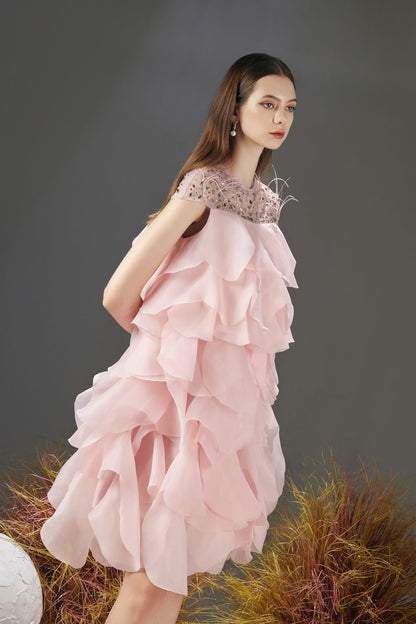 Women's Jenny Layered Round Neck Organza Knee-length Dress XS/S/M/L/XL Pink Happy Clothing Women's Jenny Layered Round Neck Organza Knee-length Dress XS/S/M/L/XL Pink Happy Clothing
