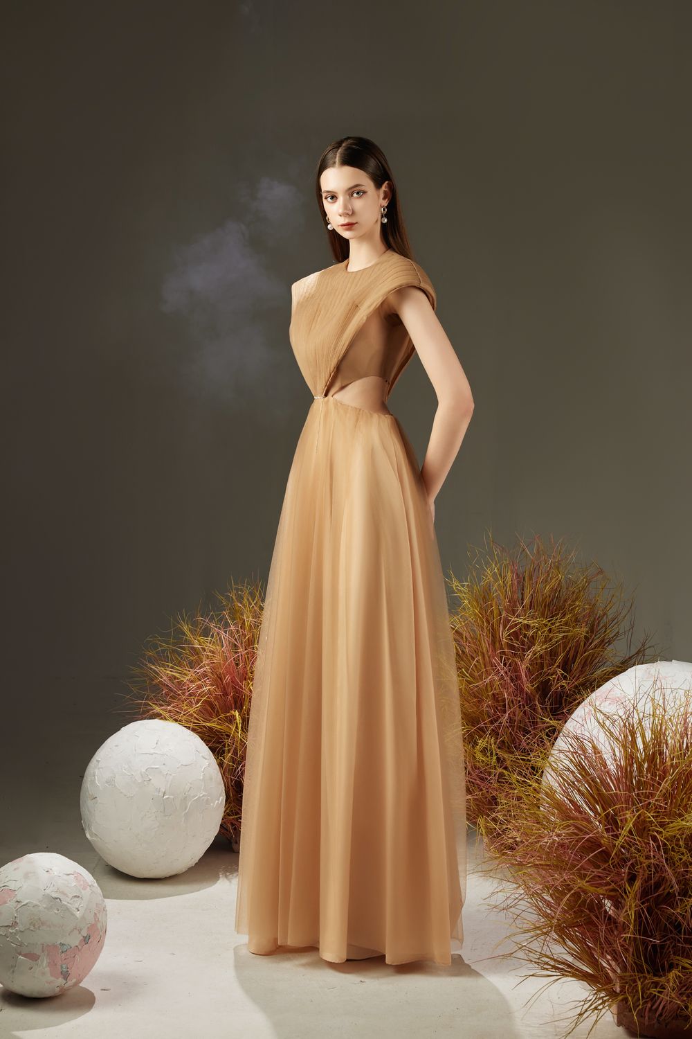 Jensen Pleated Cut-Out Organza Maxi Dress