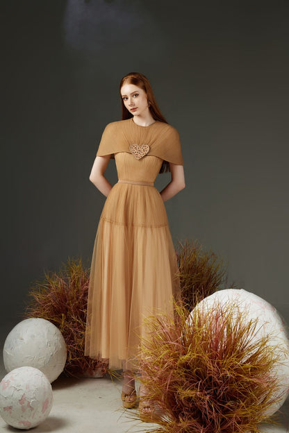 Women's Mason Pleated Cape Sleeved Mesh Sheer Ankle Length Dress XS/S/M/L/XL Brown Happy Clothing Women's Mason Pleated Cape Sleeved Mesh Sheer Ankle Length Dress XS/S/M/L/XL Brown Happy Clothing
