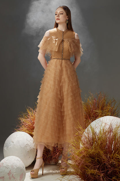 Reynolds Layered Cold Shoulder Sleeved Organza Midi Dress
