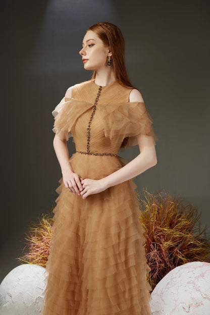 Reynolds Layered Cold Shoulder Sleeved Organza Midi Dress